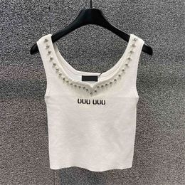 Camiseta de diseñador de lujo para mujer, camisetas sin mangas recortadas de punto para mujer, blusa con diseño de cuello de diamante