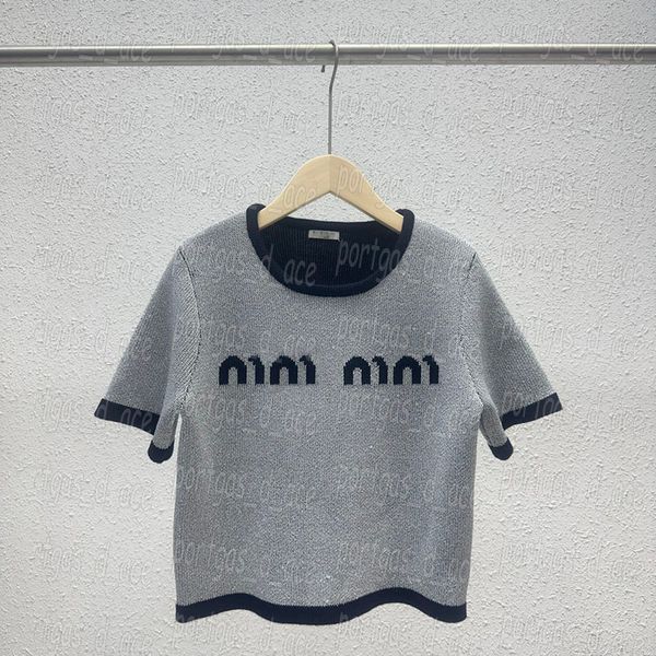 Lettres femmes t-shirts à manches courtes en tricot t-shirt Vintage mode gris col rond pull hauts