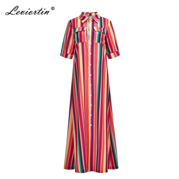 LEVIORTIN Boho Robes Femmes Soirée Summer Beach Sundress Chemise rayée Longue Bouton Maxi Robe Femme Robes 210527