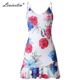 Leviortin Vestido Floral Print Summer Party Jurk Dames Sexy V-hals Mouwloze Mini Jurken en ruches Onregelmatige Sukienki 210527