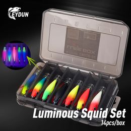 Leydun Luminal Horizontal Squid gabarit en bois Crochet de crevettes 14pcs / Set Fishing Lures Octopus Bouchettes BAITS D'EAUX SALT 240428