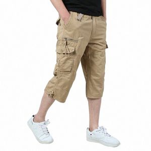 Lg Lengte Cargo Shorts Mannen Zomer Knie Multi Pocket Casual Cott Elastische Taille Capri Militaire Hot Rijbroek Cropped Broek r4Mf #