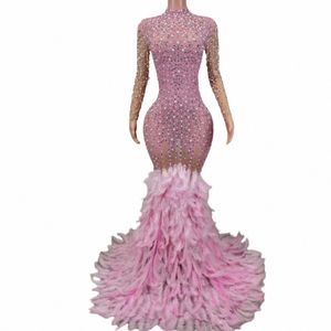 LG Pink Evening Dres Luxury Sexy Beaded See Through Lg Tail Feather Dubai Mujeres Vestidos de noche formales del partido Liantiyumao n0A2 #