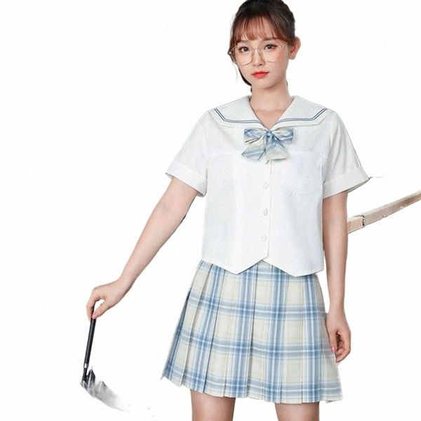 LG Sleeve JK School Uniform sets pour les filles, costume de marin mignon, chemise blanche, costumes de jupe plissés bleu foncé, Cosplay étudiant x1SM #