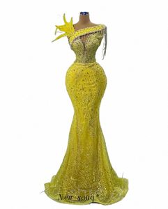 lg jaune one épaule plumes sirène soirée dres sparkle sliver perle tassels robes élégantes pour femmes fête de mariage x2Ny #