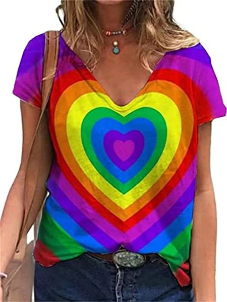 LGBT Gay Pride Chemises Lesbian Rainbow Flag Tshirt Gay Proud Inspirational Tees Love Heart Print LGBTQ Equality V Neck Tops