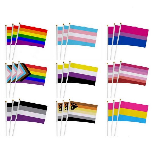 LGBT Gay Pride Petit drapeau national 14 x 21 cm arc-en-ciel main drapeau de voiture Geminbow main agitant rêve bisexuel facile à tenir Mini avec mâts de drapeau Home D