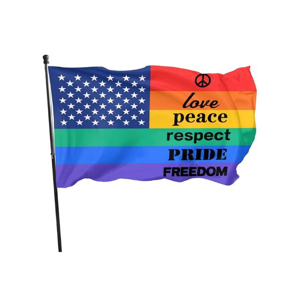 LGBTQ American Pride Peace Love Freedom Drapeaux LGBT 3x5ft Bannières en polyester 100D Intérieur Extérieur Couleur vive de haute qualité avec deux œillets en laiton