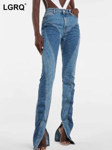 LGRQ 2024 Zomer Vrouwen jeans hoge taille gesplitste contrast kleur split slanke gedeconstrueerde denim lange flare broek wy557 240327
