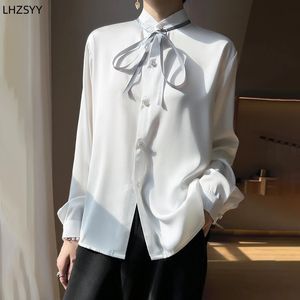 LHZSYY Vest Opstaande Kraag Hoge Kwaliteit Zijde Satijn Shirt Dames Lente Mode Van Buitenlandse Stijl Blouse Lange Mouw Top 240322