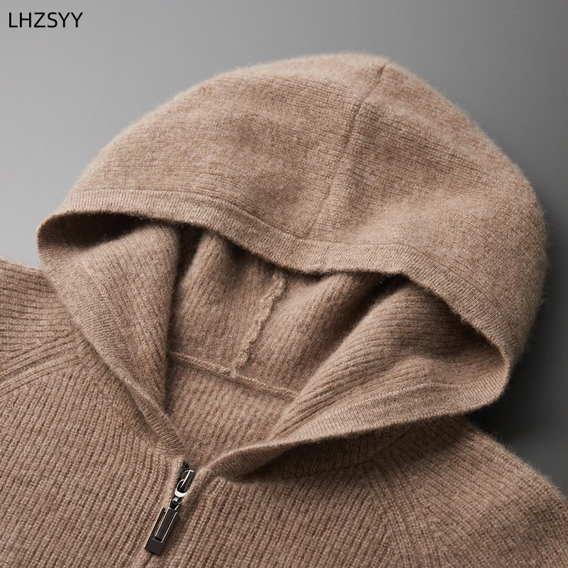 LHZSYY Men's Pure Cashmere Hooded Cardigan Autumn/Winter New Zipper Knit Jacket Thick Sweater Leisure Plus Size Coat Warm Shirt