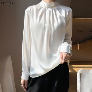 LHZSYY Zijde Satijn Shirt Dames Trui Mode Joker Lange mouwen Tops Lente Highend Losse Mandarijn Kraag Shirts 240328