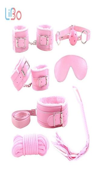 LI BO Collar Furry Fuzzy Bed Bondage Gear Juego de sujeción Kit Ball Gag Whip Sexy Sex Toy 7 piezas Set Y181024054649967