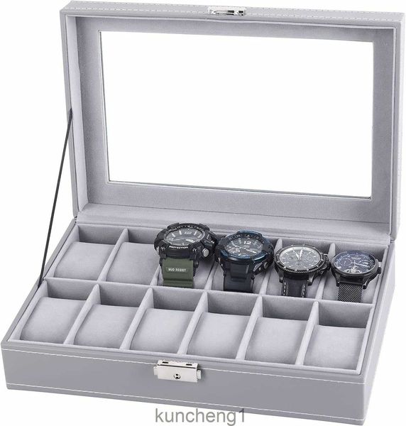 Liantal Watch Box de 12 ranuras de cuero de 12 ranuras Case de relojes de reloj para hombres Top de vidrio (gris)