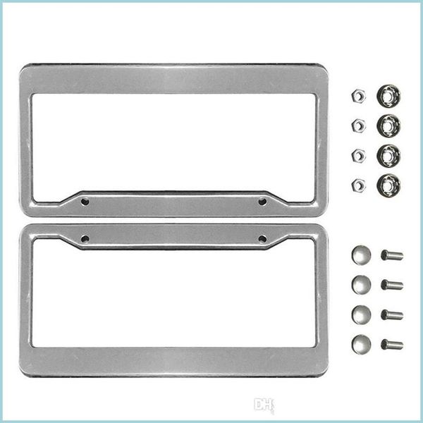 Cadres De Plaque D'immatriculation 2Pcs Sier Chrome Cadres En Acier Inoxydable Cadre De Plaque D'immatriculation En Métal Tag Er Avec Bouchons À Vis Car Styling Drop Deliv Dhceq