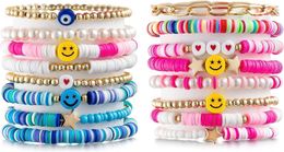 LieToi Preppy Heishi Armbanden Set Kleurrijk Wit Goud Glimlach Hart Ster Boze Oog Kralen Polymeer Klei Parel Stapelbare Bedel Y2K Kidcore Zomer Strand Boheems Gelaagd