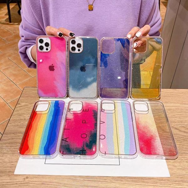 Cajas del teléfono del brillo del gradiente de la acuarela del arco iris para el iPhone 13 Pro Max 12 11 XR 8 Plus IMD TPU PC Cover