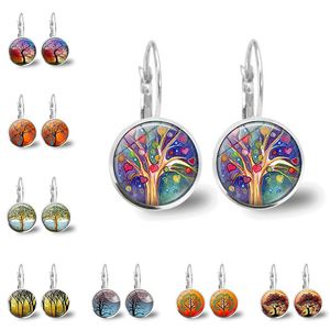 Boucles d'oreilles couleur argent pierres précieuses à vie femmes françaises crochets d'oreille arbre de vie verre dôme bijoux pour femmes