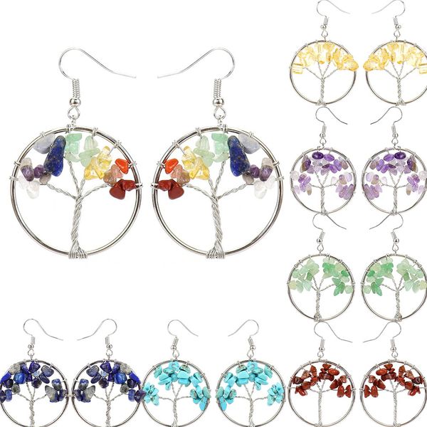 Boucles d'oreilles pendentif arbre de vie, pierre naturelle, cristal, accessoires de bijoux à la mode pour femmes