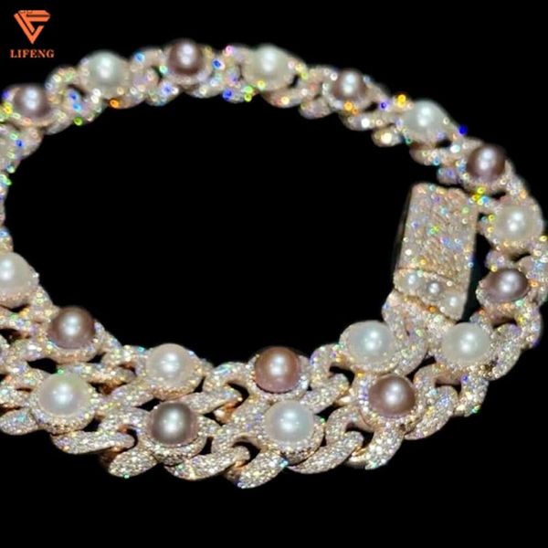 Lifen Jewelry Collar de plata de ley 925 con cadena de eslabones cubanos de moissanita y diamantes de perlas