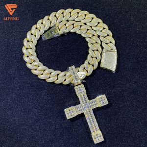 Lifeng sieraden op maat 18k gouden hiphop sieraden iced onze vvs moissanite zilver 25 mm Miami Cuban Link Chain Set Cross Jesus Charm