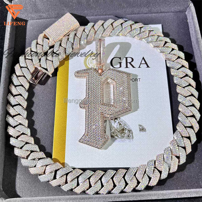Lifeng Jewelry Custom 925 Silver Moissanite Letter Charm Diamond Cuban Link łańcuch 18 -karatowy Złoty Naszyjnik Zestaw Naszyjnik