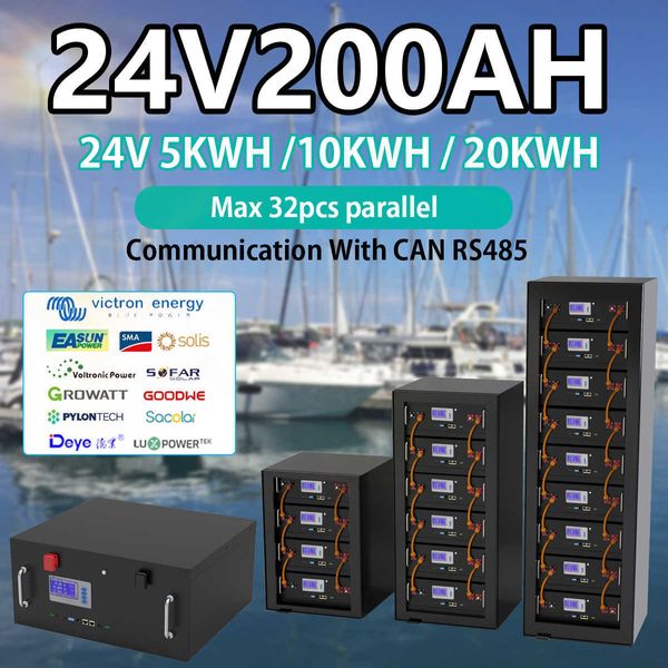 Batterie LiFePO4 24V 5KW batterie solaire au Lithium 29.2V 200AH 6000 Cycles Max 32 parallèles avec RS485 CAN Com pour onduleur 24V