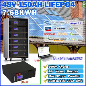 LIFEPO4 48V 150AH Batterij Pack 100AH ​​200AH 16S 51.2V 7.6KWH Energieopslag 200A BMS met RS485 kan 6000+cycli tot 32 parallel