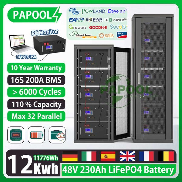 Batterie LiFePO4 48V 230Ah 12Kwh 6000+ Cycles 51.2V 200Ah 100Ah 16S BMS RS485 CAN Max 32 moniteur PC parallèle Stock ue sans taxe