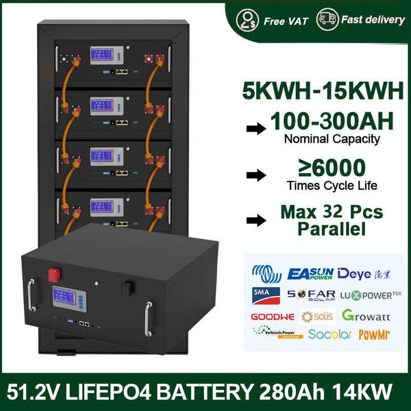 LiFePO4 48V 280AH 200AH Batterie Fonction Bluetooth 14KW 10KW 5KW PC Moniteur CAN/RS485 32 Parallèle 6000 Cycle Garantie de 10 ans