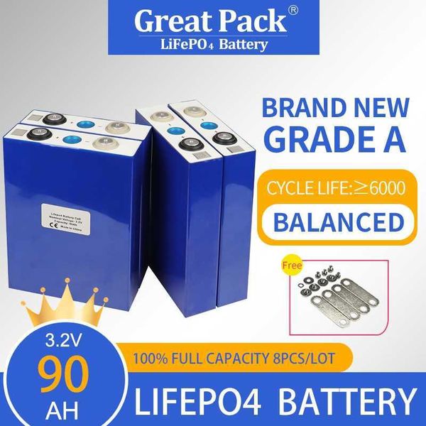 LiFePO4 8 pièces 3.2V 90Ah 100% pleine capacité tout nouveau Grade A batterie Rechargeable Cycle profond Lithium Io batterie portable solaire