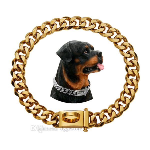 Gold Gold Dog Cuba Colliers de chaîne Marche Collier de chaîne en métal avec conception Secure Buckle 18k Lien cubain Strong Heavy Duty Proof pour les chiens moyens 15 mm 16 pouces B151