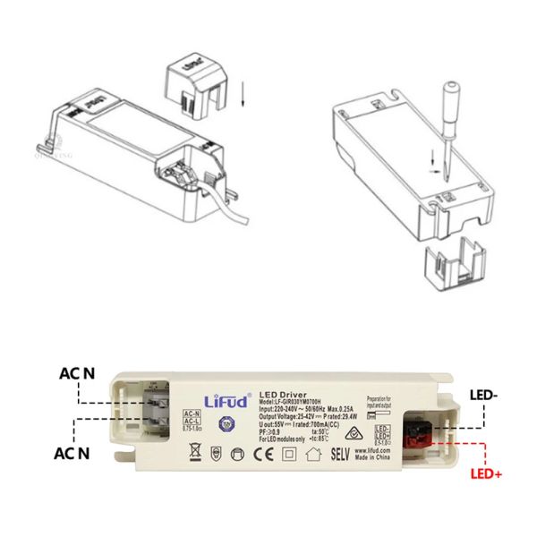 Conducteur LED LifUD 8W-60W Transformateur PF élevé LF-Girxxxym Série 350MA 800MA 900MA 1000MA 1300MA 1400MA 1500MA