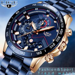 LIGE 2021 nouvelle mode hommes montres étanches avec haut en acier inoxydable marque de luxe sport chronographe montre à quartz hommes Relogio Masculino