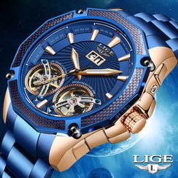 LIGE automatique mécanique horloge haut de luxe Double Date mécanique montre hommes Sport tout acier étanche horloge 210527