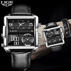 LIGE Merk Mannen Sporthorloges 3 Tijdzone Big Man Mode Militaire LED Horloge Lederen Quartz Horloges Relogio Masculino 210517