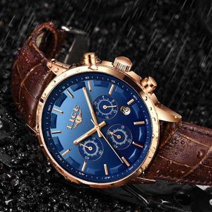 Lige Casual Lederen Waterdicht Quartz Horloge voor Mens Horloges Topmerk Luxe Sport Chronograaf Mannelijke Datum 24-uursklok + doos 210407