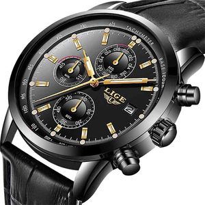 Lige casual sport horloges voor mannen zwart top merk luxe militaire lederen polshorloge man klok mode chronograaf polshorloge 210329