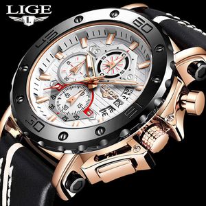 LIGE Casual Sport Montres pour Hommes Gold Top Marque De Luxe Militaire En Cuir Montre-Bracelet Homme Horloge Mode Chronographe Montre Mâle 210527
