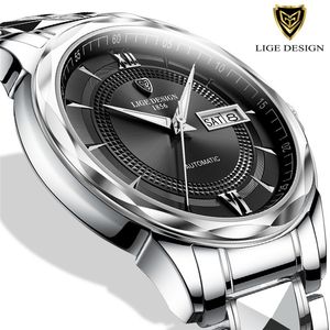 LIGE Design Merk Luxe Automatisch Horloge Heren 316Lstainless Steel Waterdichte Zakelijke Sport Mechanische Polshorloge Mannen Horloges 210517