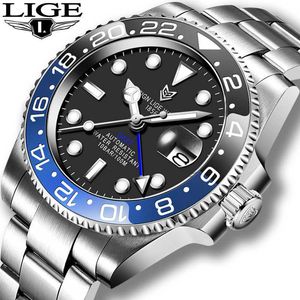 LIGE Design Mannen GMT automatische mechanische horloge keramische bezel 316L roestvrij staal 100atm waterdichte klok Sapphire glazen horloges 210527