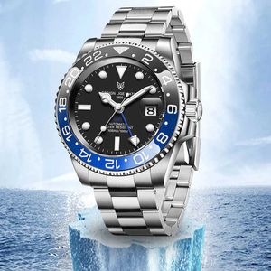 LIGE Design Topmerk Sapphire GMT Horloge Roestvrijstalen Mannen Automatisch horloge 100m Waterdicht Sport Mechanisch Horloge Reloj Hombre 210527