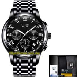 LIGE Eternity 9810 Sport Mens Horloges Datum Blacks Dial Japan VK Quartz Chronograph Beweging Mannen Horloge Staal Case Zwart Roestvrij Armband