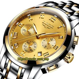 LIGE éternité 9810 Sport Montres Hommes Date Cadran Japon VK Quartz Chronographe Mouvement Hommes Montre Boîtier En Acier Lunette Dorée Bracelet En Acier Inoxydable Deux Tons