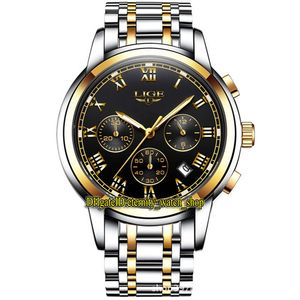 LIGE Eternity 9810 Sport Montres pour hommes Date Cadran noir Japon VK Quartz Chronographe Mouvement Montre pour hommes Boîtier en acier Lunette dorée Bracelet en acier inoxydable bicolore