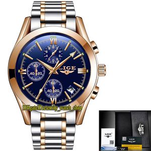 LIGE Eternity LG9839 Sport Mens Horloges Datum Blue Dial Japan VK Quartz Chronograph Beweging Mannen Watch Legering Rose Gold Case Twee Tone Armband