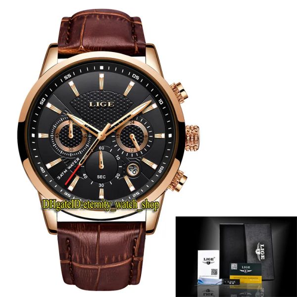 LIGE Eternity LG9866 Sport Lige Watch Price Cadran noir, mouvement chronographe à quartz Japon VK, boîtier en alliage or rose, bracelet en cuir marron Fr