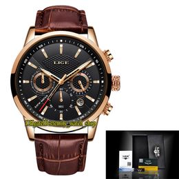 LIGE Eternity LG9866 Sport Mens Horloges Datum Black Dial Japan VK Quartz Chronograph Beweging Mannen Horloge Rose Gold Legering Case Bruin Lederen Strap
