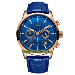 LIGE Eternity LG9866 Sport Mens Horloges Datum Blue Dial Japan VK Quartz Chronograph Beweging Mannen Horloge Rose Gold Legering Case Lederen Strap