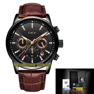 LIGE éternité LG9866 Sport Hommes Montres Date Cadran Noir Japon VK Quartz Chronographe Mouvement Hommes Montre Noirs boîtier en alliage Bracelet En Cuir Marron